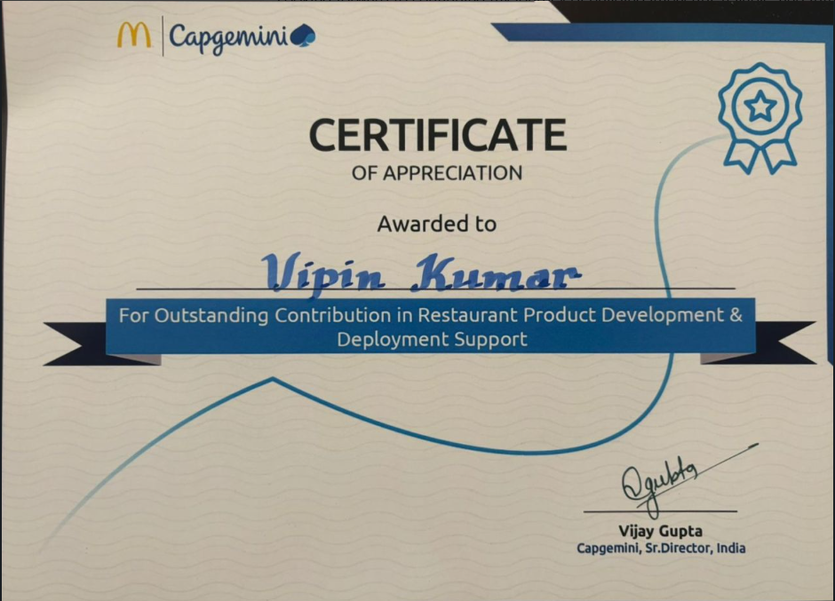 Capgemini Certificate of Appreciation awarded to Vipin Kumar